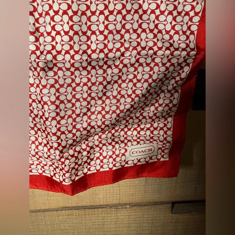 COACH Signature Print Silk Square Scarf in red. - Picture 4 of 7
